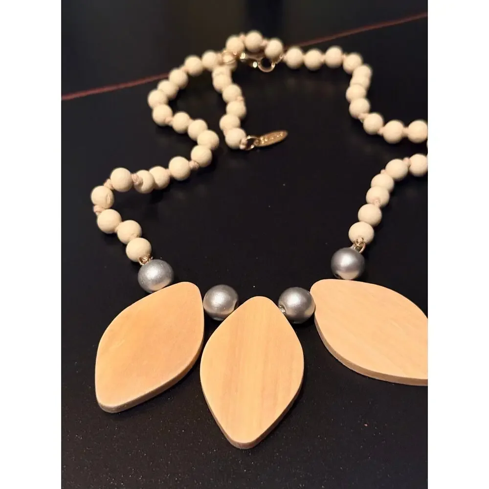 Plunder Boutique Boho Wood Statement Necklace Neutral Beaded Artisan Jewelry